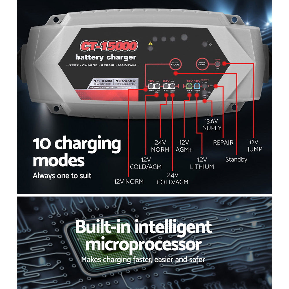 Smart Battery Charger 15A 12V 24V Automatic SLA AGM Car Truck Boat Motorcycle Caravan - image4