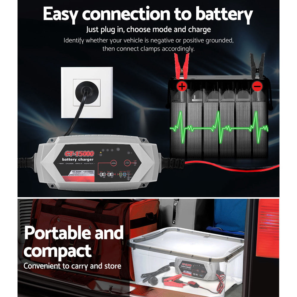 Smart Battery Charger 15A 12V 24V Automatic SLA AGM Car Truck Boat Motorcycle Caravan - image6