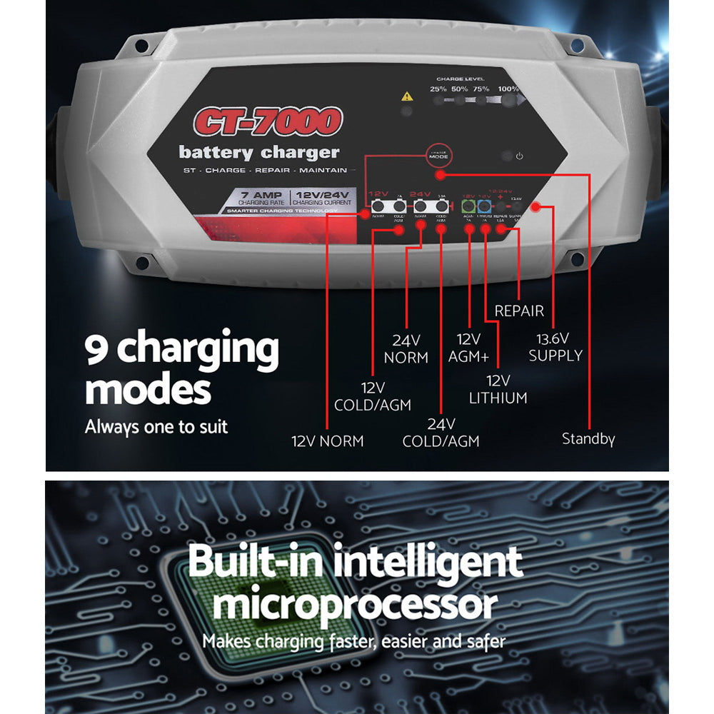 Smart Battery Charger 7A 12V 24V Automatic SLA AGM Car Truck Boat Motorcycle Caravan - image4