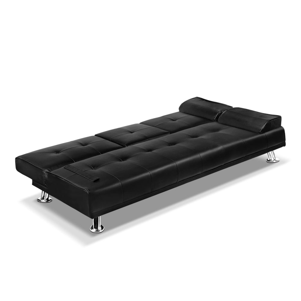 3 Seater PU Leather Sofa Bed - Black - image3