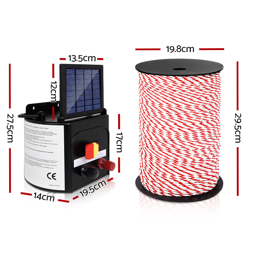 Electric Fence Energiser 5km Solar Powered Charger + 500m Rope - image2