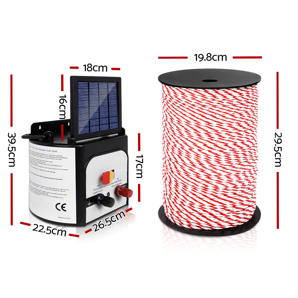 Electric Fence Energiser 8km Solar Powered Charger + 500m Polytape Rope - image2