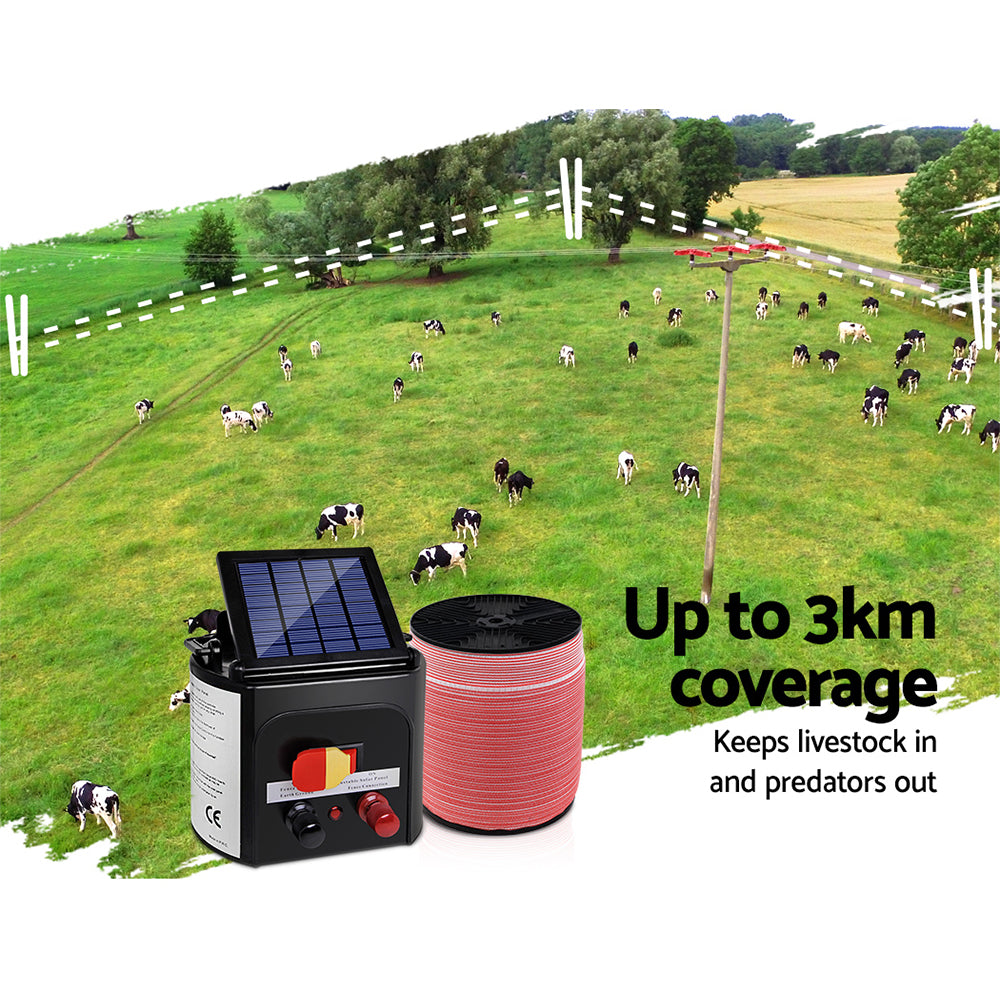 Electric Fence Energiser 3km Solar Powered Energizer Set + 1200m Tape - image4