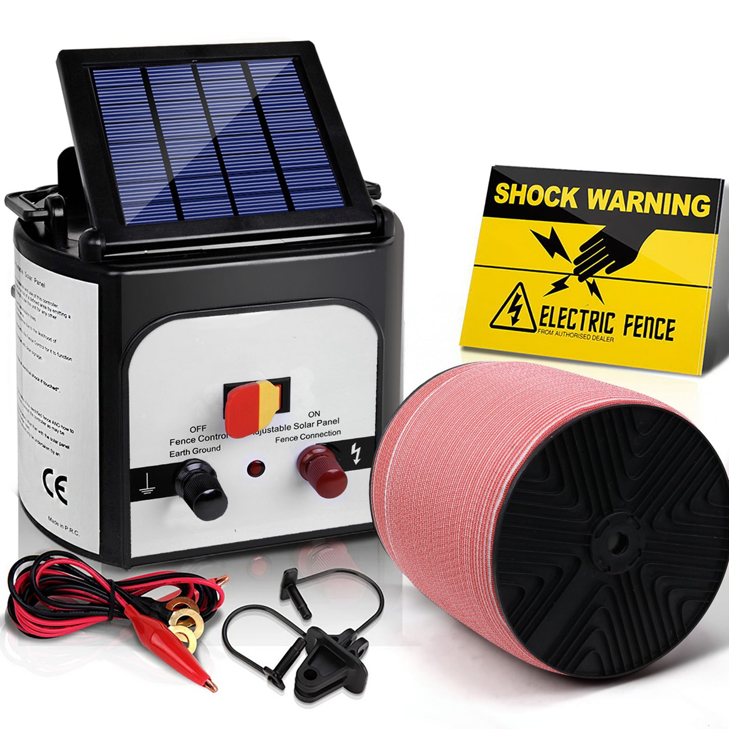 Electric Fence Energiser 8km Solar Powered Energizer Charger + 1200m Tape - image1