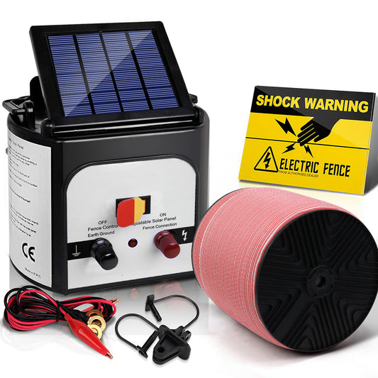 Electric Fence Energiser 8km Solar Powered Energizer Charger + 1200m Tape - image1