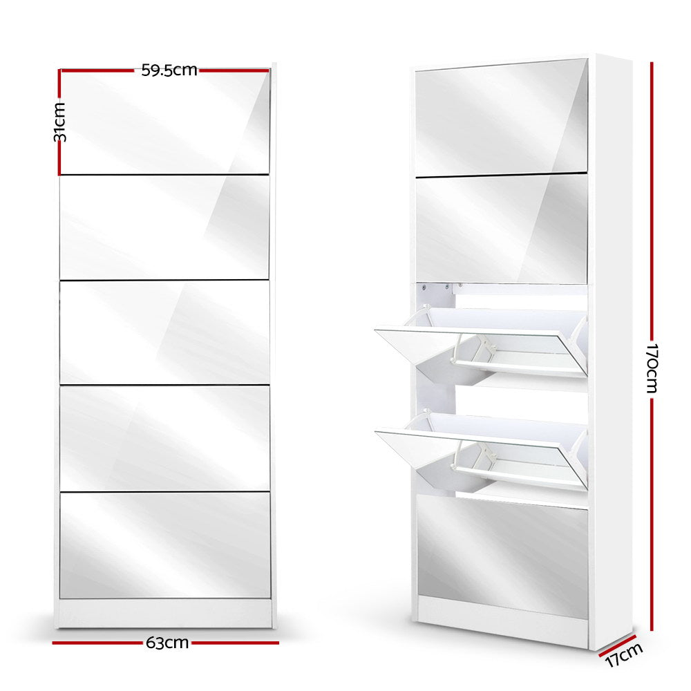 5 Drawer Mirrored Wooden Shoe Cabinet - White - image2