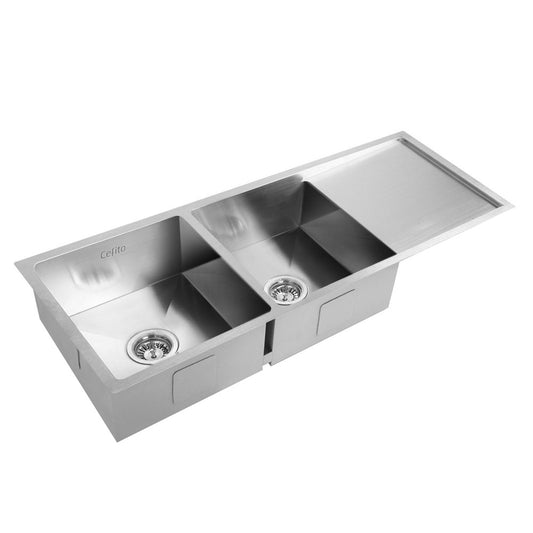 Stainless Steel Kitchen Sink 111X45CM Under/Topmount Laundry Double Bowl Silver - image1