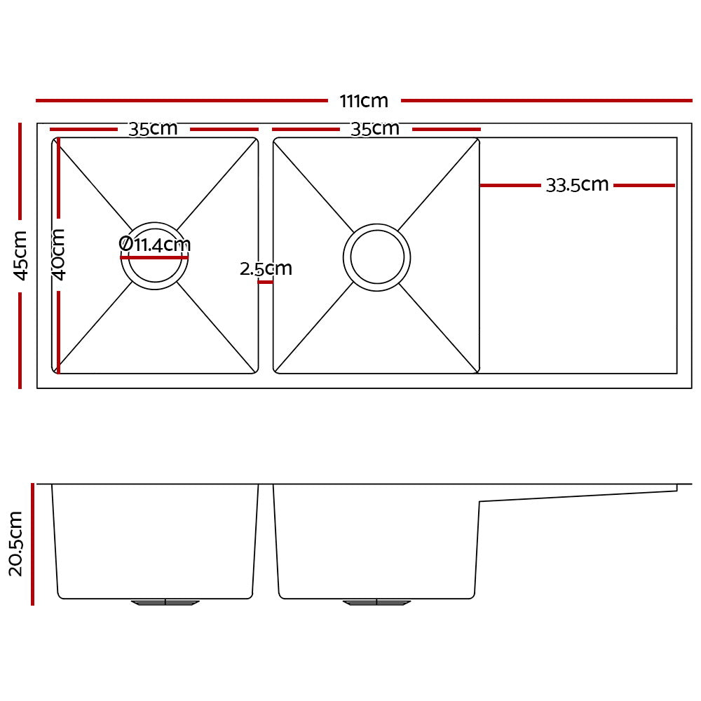 Stainless Steel Kitchen Sink 111X45CM Under/Topmount Laundry Double Bowl Silver - image2