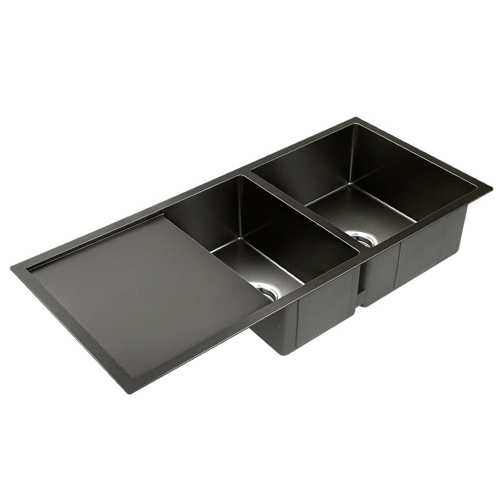 Stainless Steel Kitchen Sink 100X45CM Under/Topmount Laundry Double Bowl Black - image1