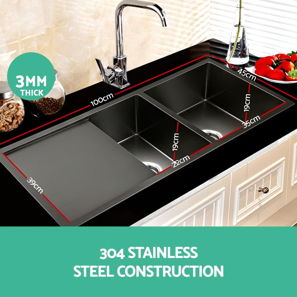 Stainless Steel Kitchen Sink 100X45CM Under/Topmount Laundry Double Bowl Black - image3