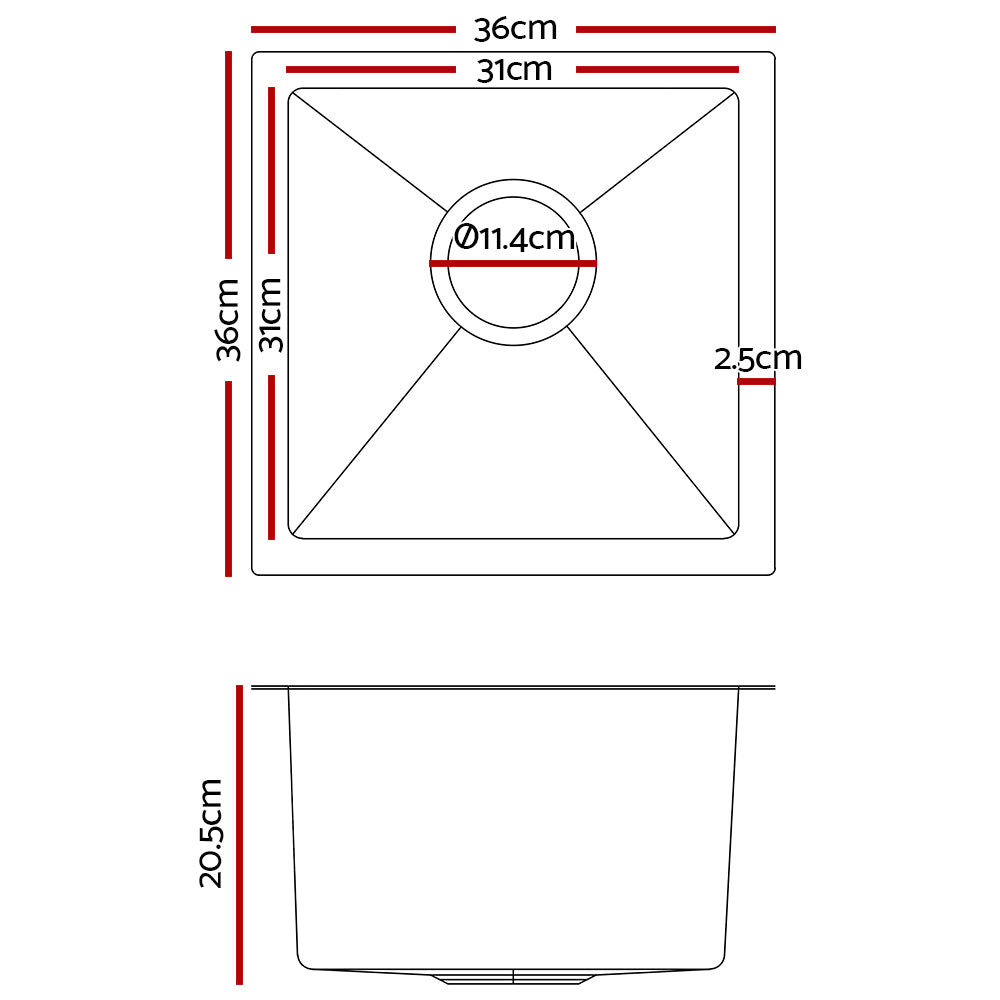 36cm x 36cm Stainless Steel Kitchen Sink Under/Top/Flush Mount Silver - image2