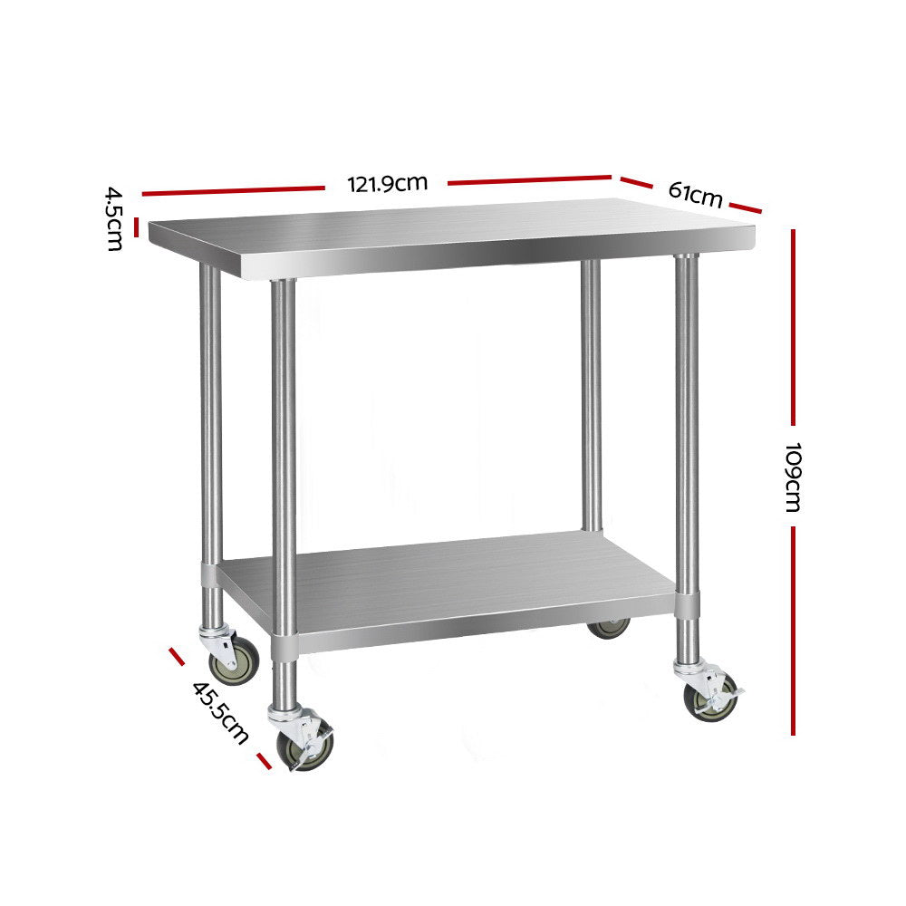 304 Stainless Steel Kitchen Benches Work Bench Food Prep Table with Wheels 1219MM x 610MM - image2