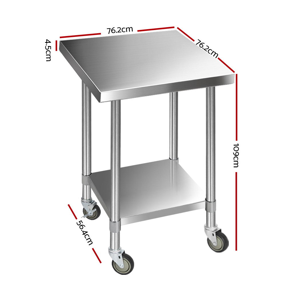 762 x 762mm Commercial Stainless Steel Kitchen Bench with 4pcs Castor Wheels - image2