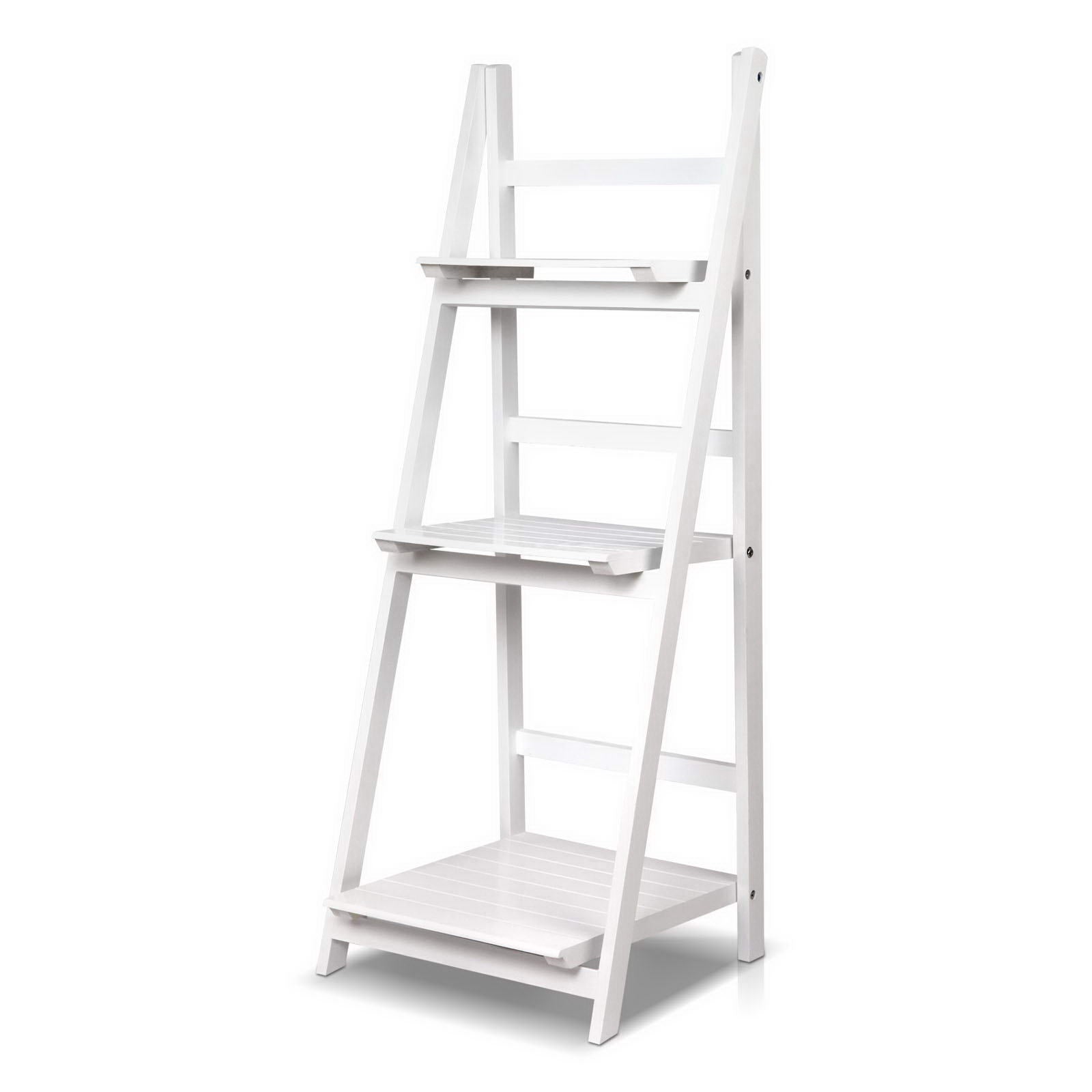 Display Shelf 3 Tier Wooden Ladder Stand Storage Book Shelves Rack White - image1