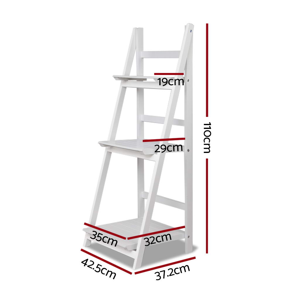 Display Shelf 3 Tier Wooden Ladder Stand Storage Book Shelves Rack White - image2