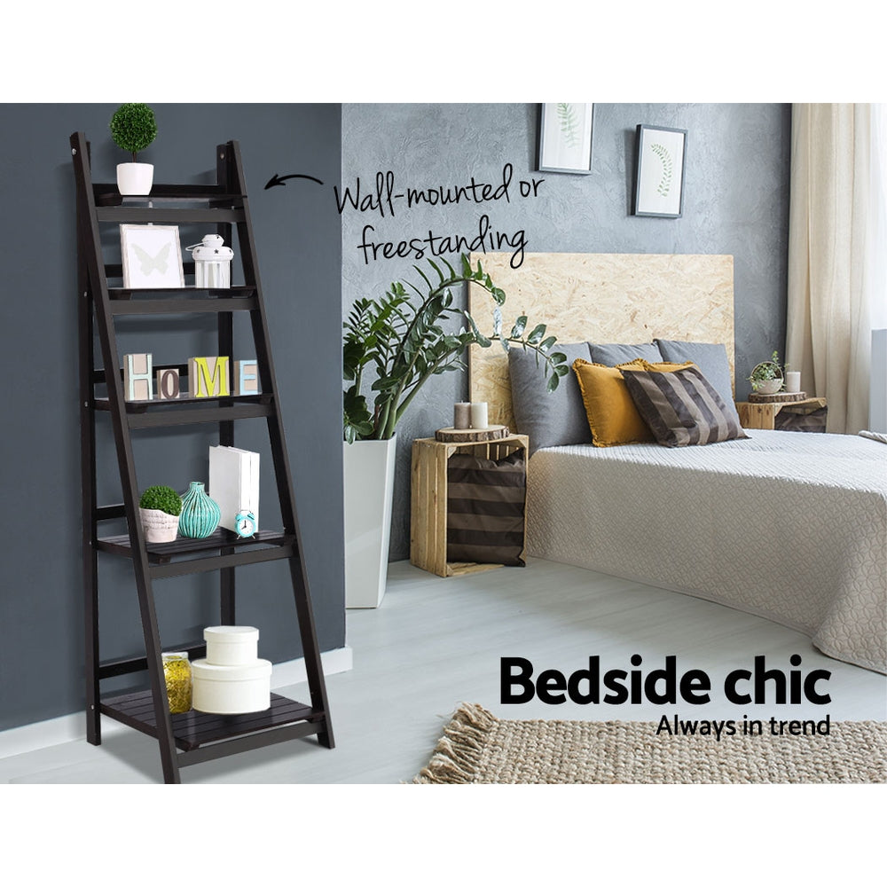 Display Shelf 5 Tier Wooden Ladder Stand Storage Book Shelves Rack Coffee - image3