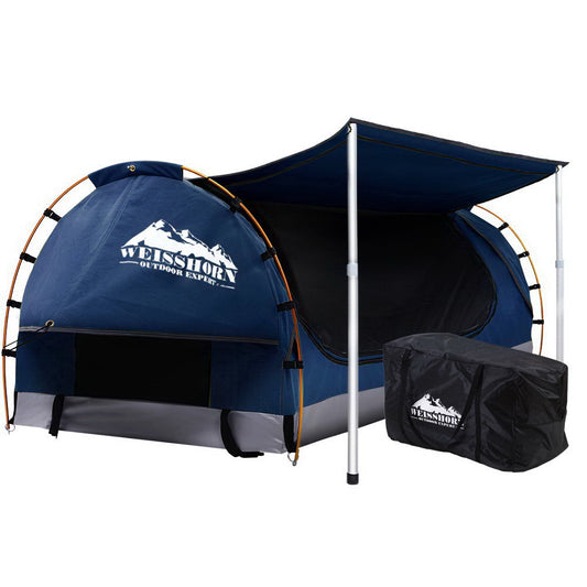 Double Swag Camping Swags Canvas Free Standing Dome Tent Dark Blue with 7CM Mattress - image1