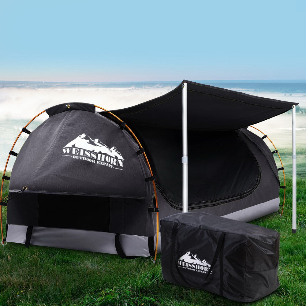 Double Swag Camping Swags Canvas Free Standing Dome Tent Dark Grey with 7CM Mattress - image7