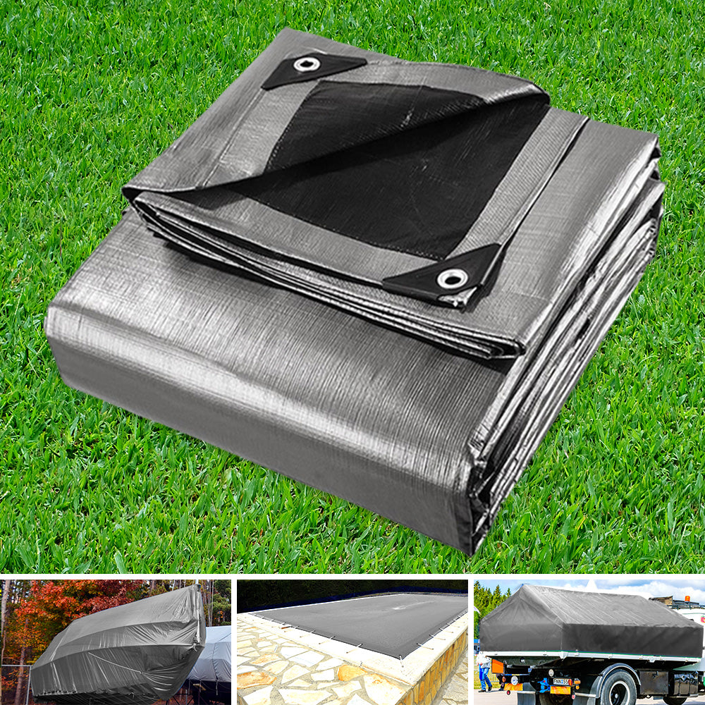 Instahut 3.6x7.3m Tarp Camping Tarps Poly Tarpaulin Heavy Duty Cover 180gsm Silver - image8