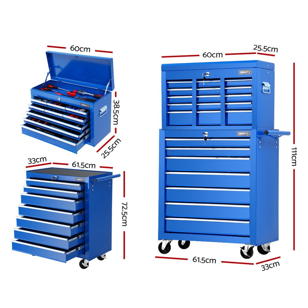 Tool Chest and Trolley Box Cabinet 16 Drawers Cart Garage Storage Blue - image2