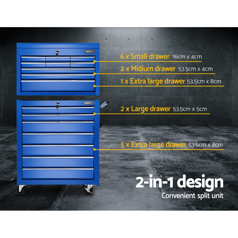 Tool Chest and Trolley Box Cabinet 16 Drawers Cart Garage Storage Blue - image3