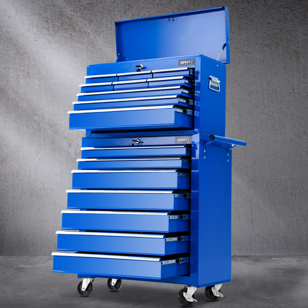 Tool Chest and Trolley Box Cabinet 16 Drawers Storage Blue - image7