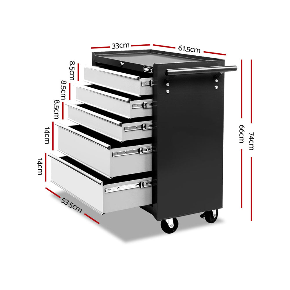 5 Drawer Mechanic Tool Box Storage Trolley - Black & Grey - image2