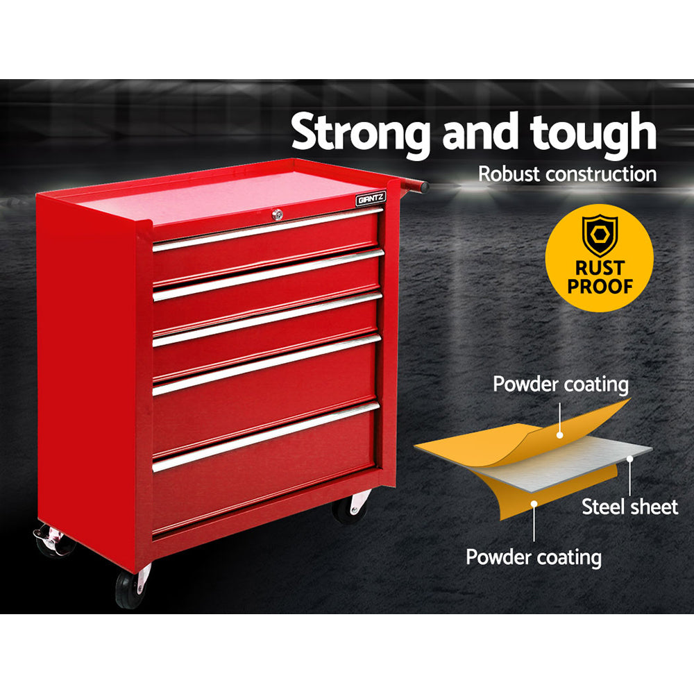 5 Drawer Mechanic Tool Box Storage Trolley - Red - image3