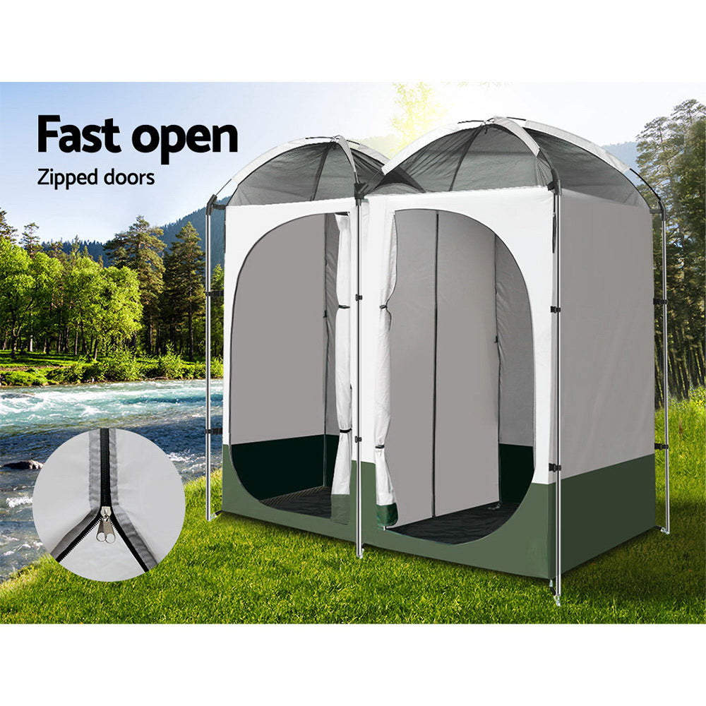 Double Camping Shower Toilet Tent Outdoor Portable Change Room Green - image5