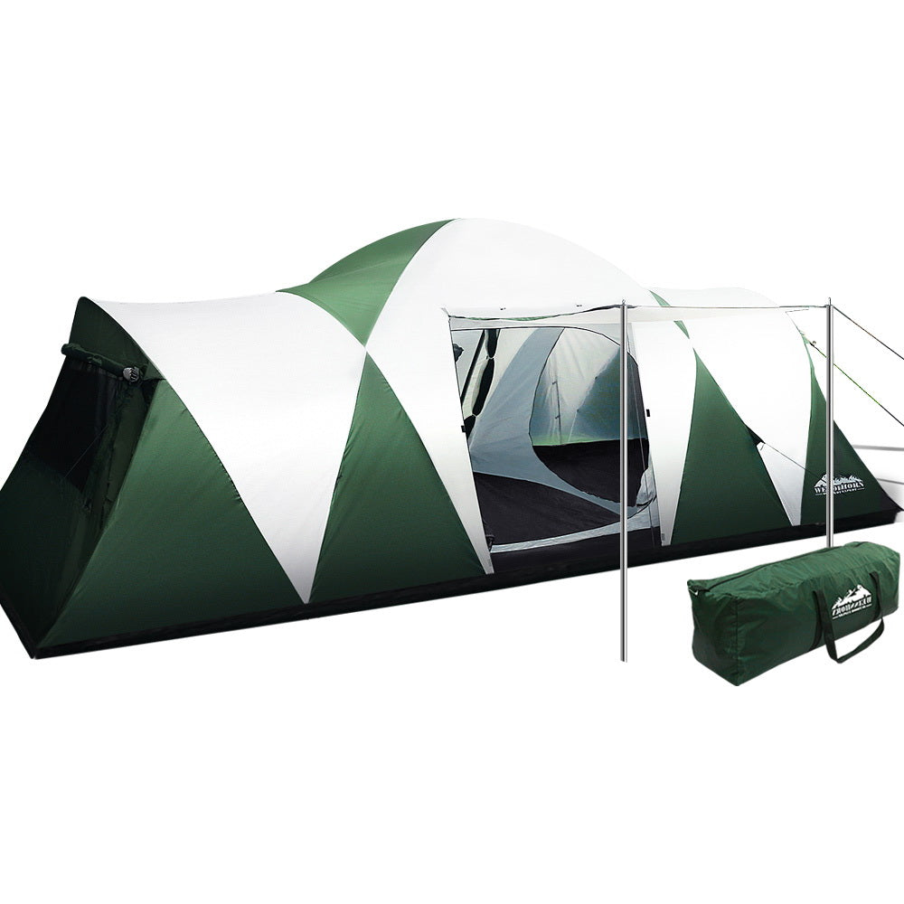 Family Camping Tent 12 Person Hiking Beach Tents (3 Rooms) Green - image1