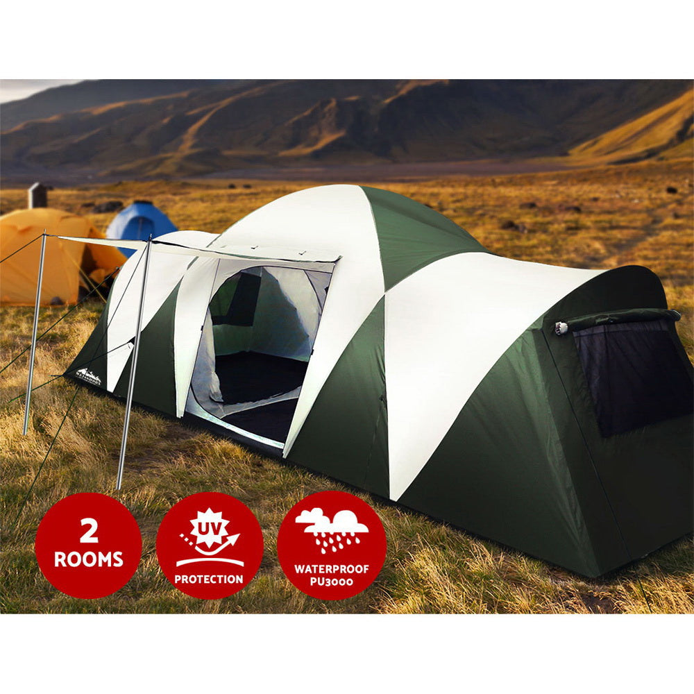 Family Camping Tent 12 Person Hiking Beach Tents (3 Rooms) Green - image4