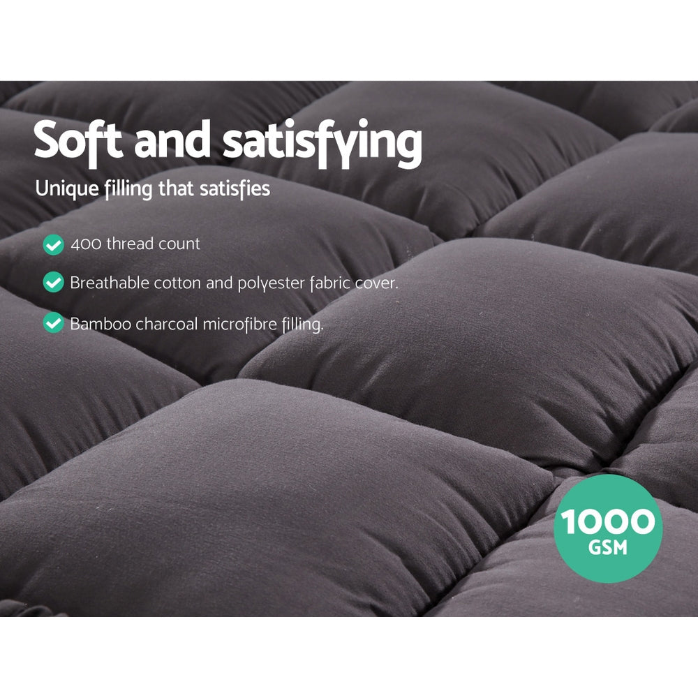 Double Mattress Topper Pillowtop 1000GSM Charcoal Microfibre Bamboo Fibre Filling Protector - image5