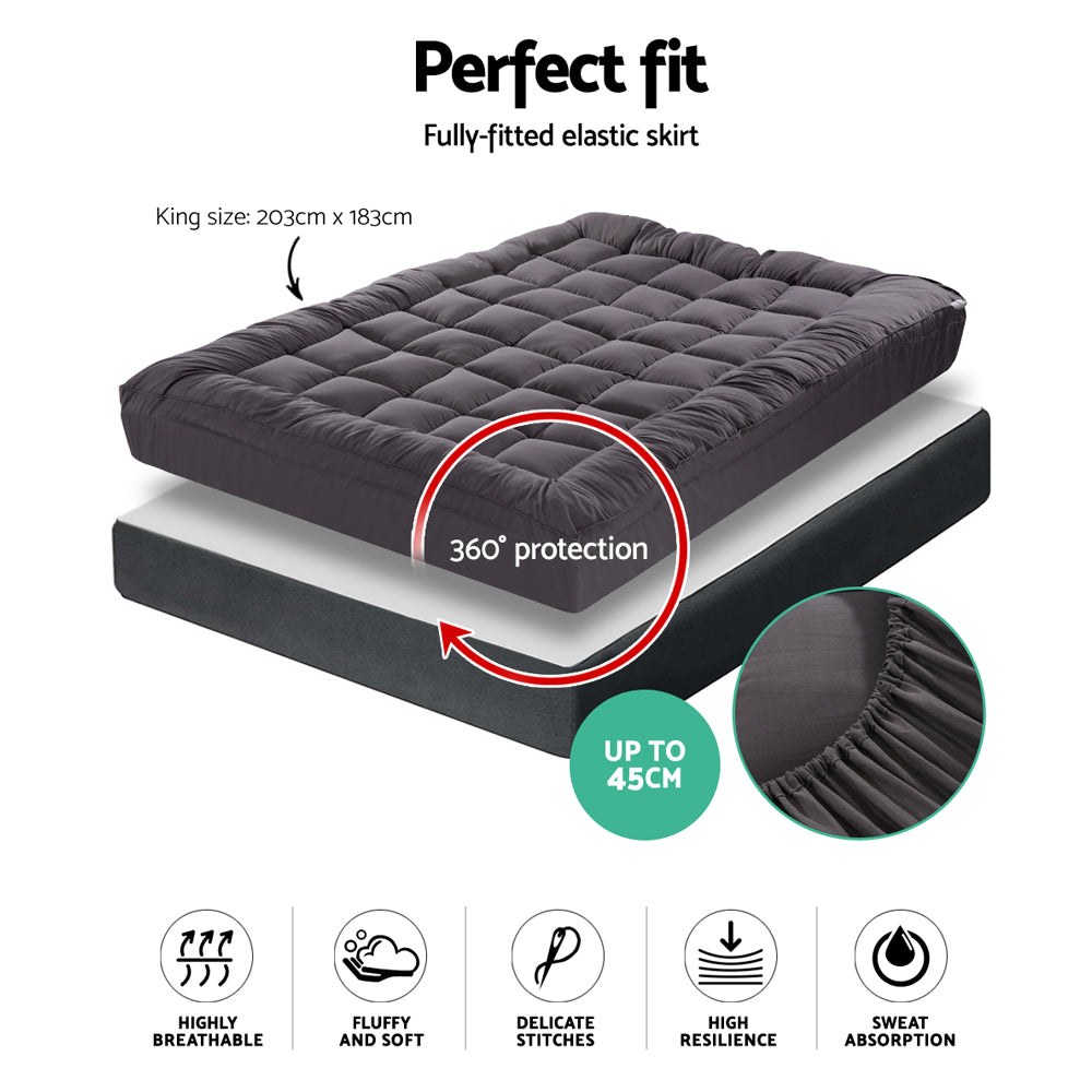 King Mattress Topper Pillowtop 1000GSM Charcoal Microfibre Bamboo Fibre Filling Protector - image2