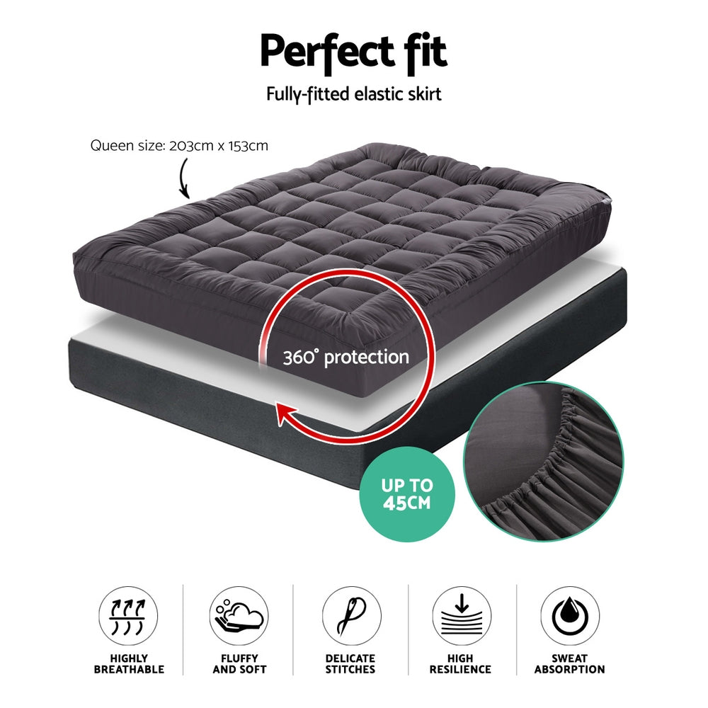 Queen Mattress Topper Pillowtop 1000GSM Charcoal Microfibre Bamboo Fibre Filling Protector - image2