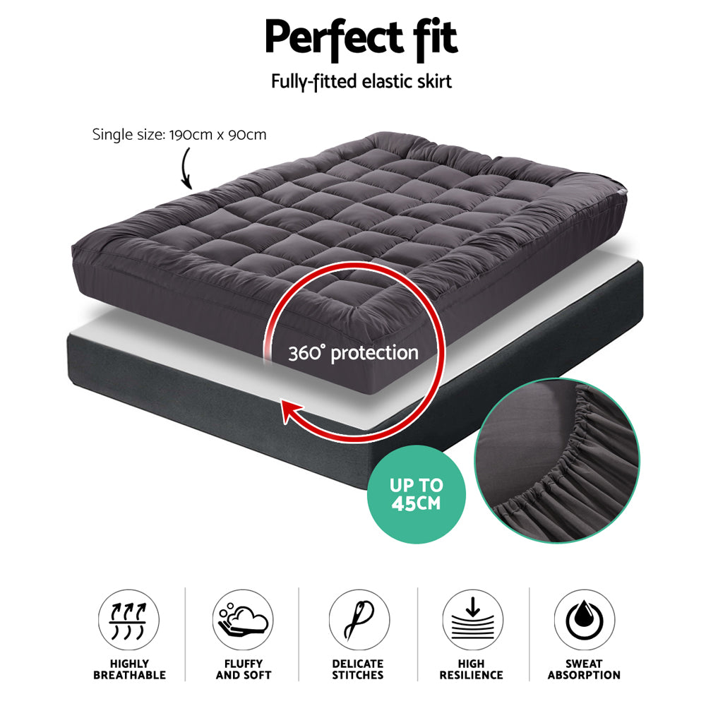 Single Mattress Topper Pillowtop 1000GSM Charcoal Microfibre Bamboo Fibre Filling Protector - image2