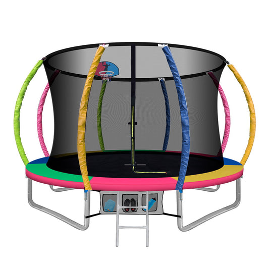 10FT Trampoline Round Trampolines With Basketball Hoop Kids Present Gift Enclosure Safety Net Pad Outdoor Multi-coloured - image1