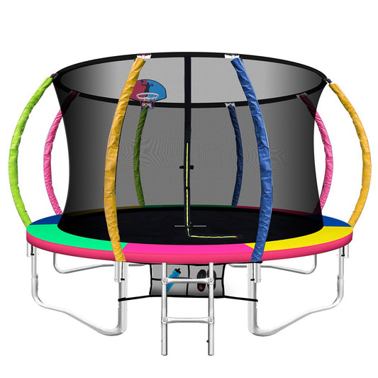 12FT Trampoline Round Trampolines With Basketball Hoop Kids Present Gift Enclosure Safety Net Pad Outdoor Multi-coloured - image1