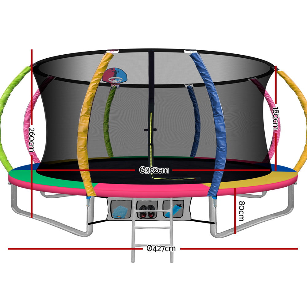 14FT Trampoline Round Trampolines With Basketball Hoop Kids Present Gift Enclosure Safety Net Pad Outdoor Multi-coloured - image2