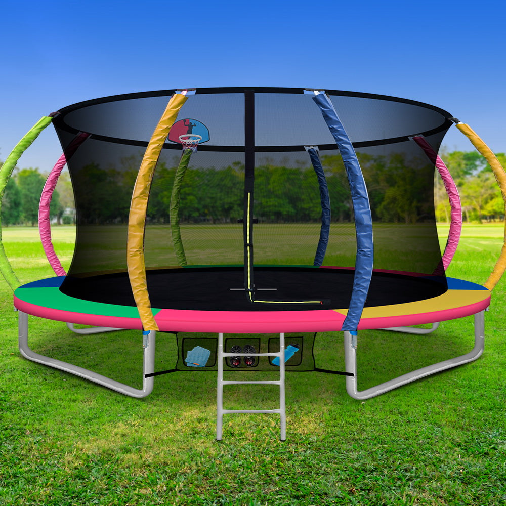 14FT Trampoline Round Trampolines With Basketball Hoop Kids Present Gift Enclosure Safety Net Pad Outdoor Multi-coloured - image7