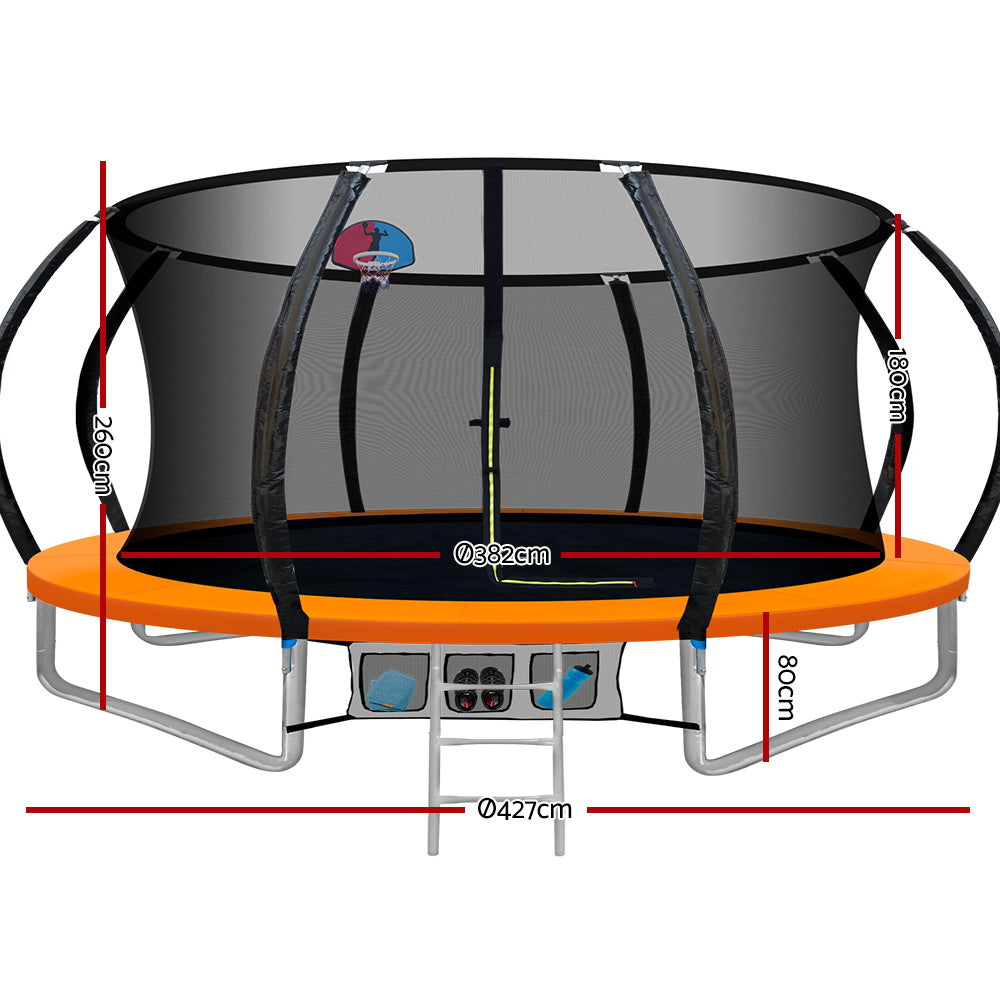 14FT Trampoline Round Trampolines With Basketball Hoop Kids Present Gift Enclosure Safety Net Pad Outdoor Orange - image2