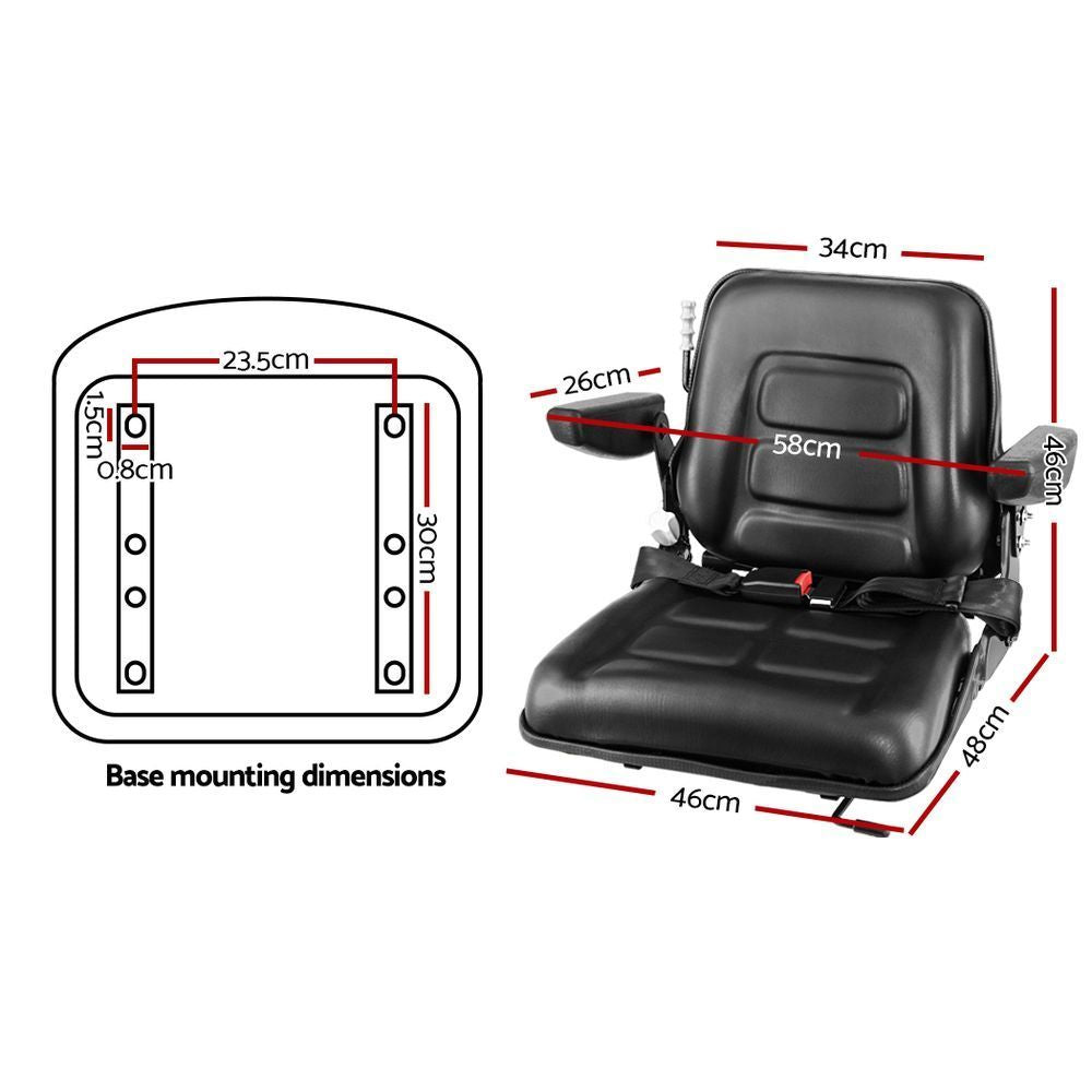 Tractor Seat with Armrest Forklift Excavator Bulldozer Universal Suspension Backrest Truck Chair black - image2