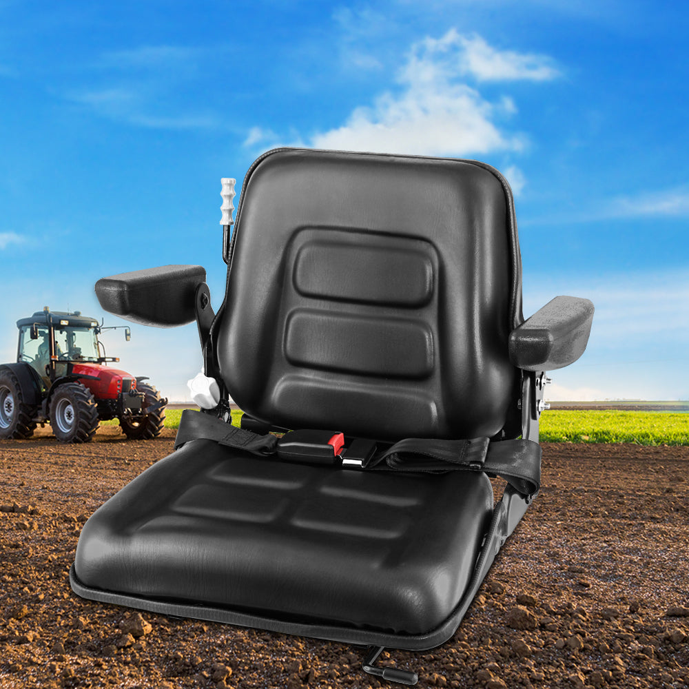 Tractor Seat with Armrest Forklift Excavator Bulldozer Universal Suspension Backrest Truck Chair black - image7