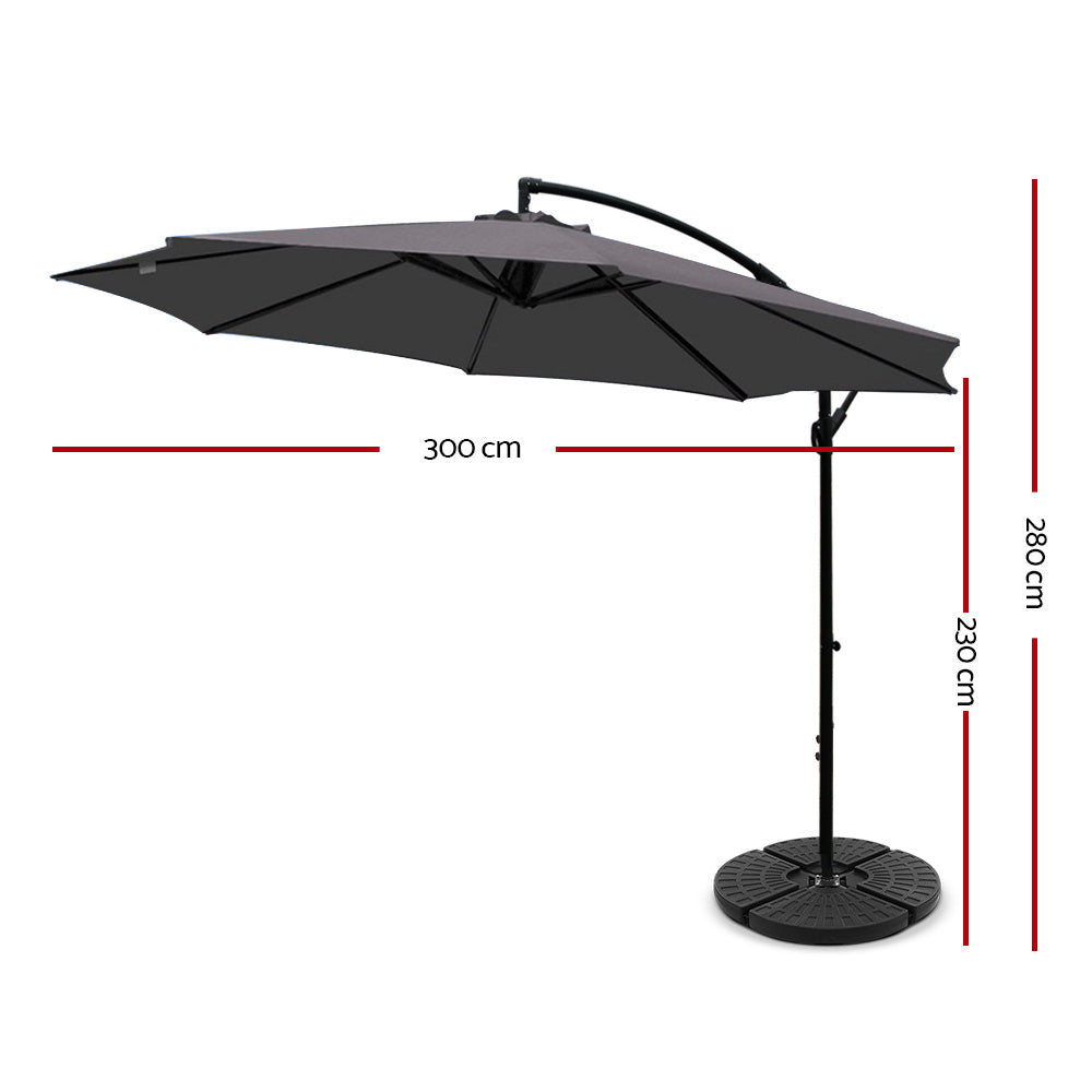 3M Umbrella with 48x48cm Base Outdoor Umbrellas Cantilever Sun Beach Garden Patio Charcoal - image2