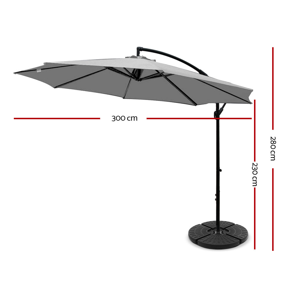 3M Umbrella with 48x48cm Base Outdoor Umbrellas Cantilever Sun Beach Garden Patio Grey - image2