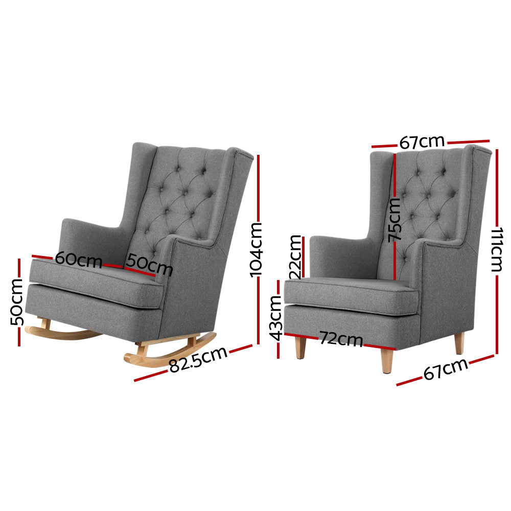 Rocking Armchair Feeding Chair Linen Fabric Armchairs Lounge Retro Grey - image2