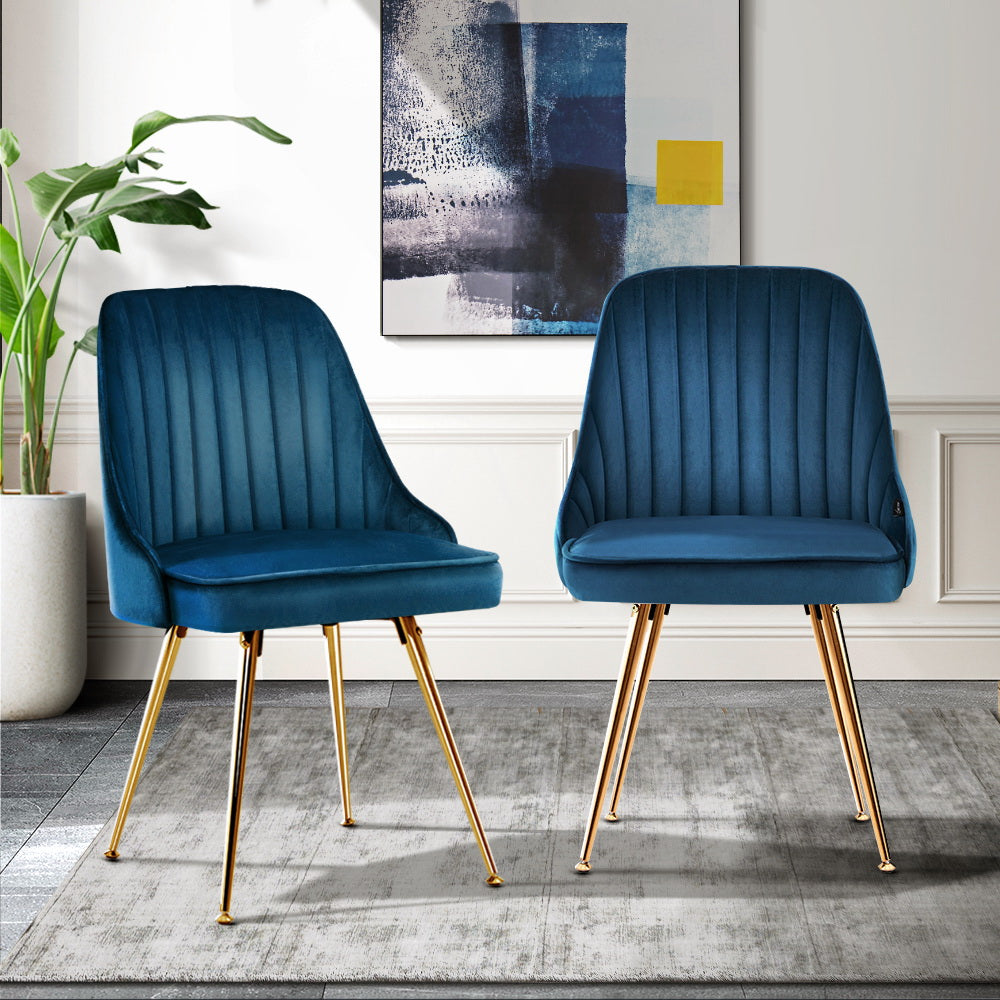 Set of 2 Dining Chairs Retro Chair Cafe Kitchen Modern Metal Legs Velvet Blue - image8