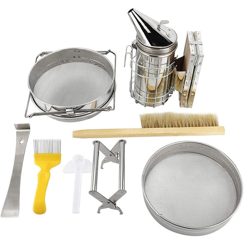 7 Pcs Beekeeping Tool Kit Including Honey Strainer, Frame Grip, J-Hook tool, Entrance Feeder - image1