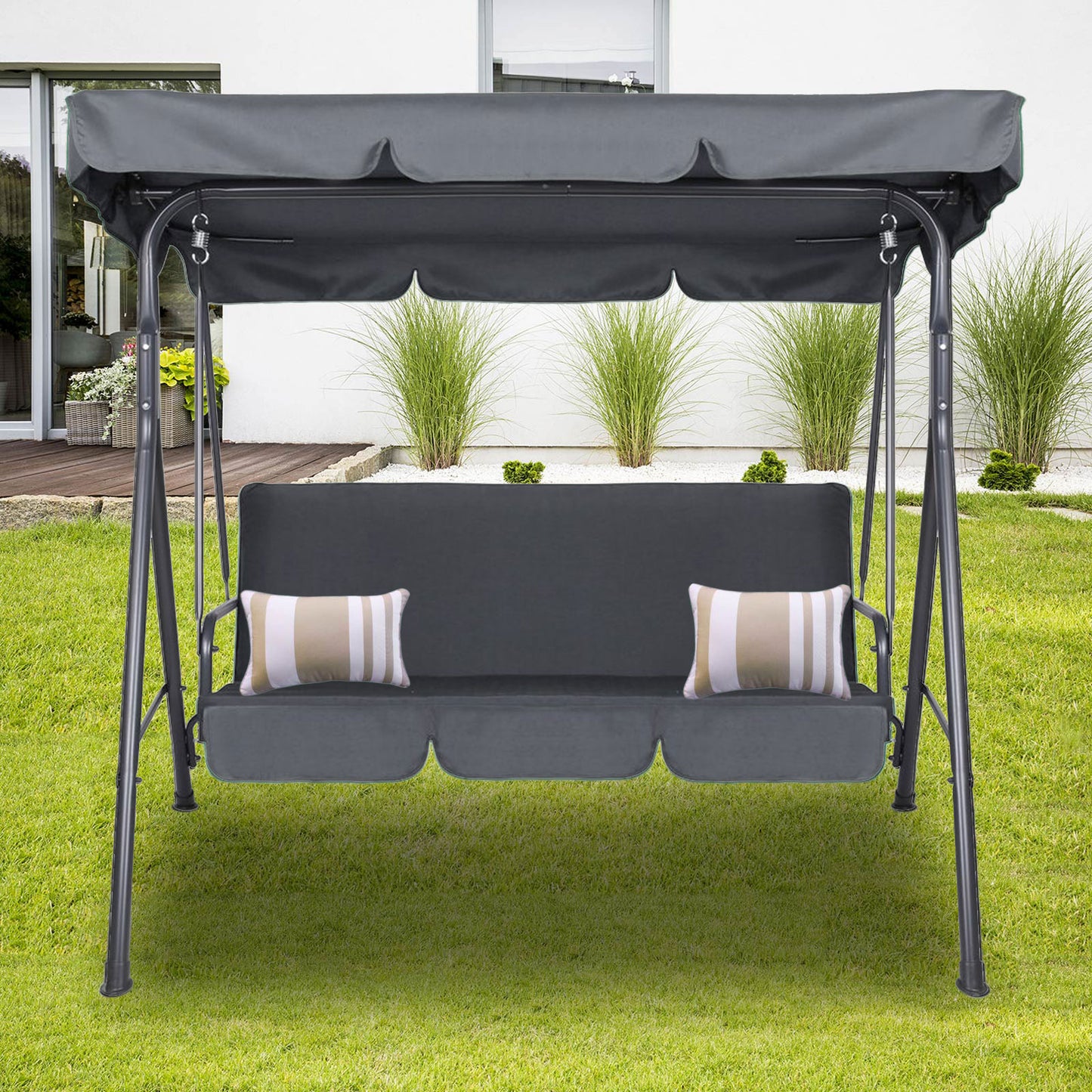 Milano Outdoor Swing Bench Seat Chair Canopy Furniture 3 Seater Garden Hammock - Grey - image2
