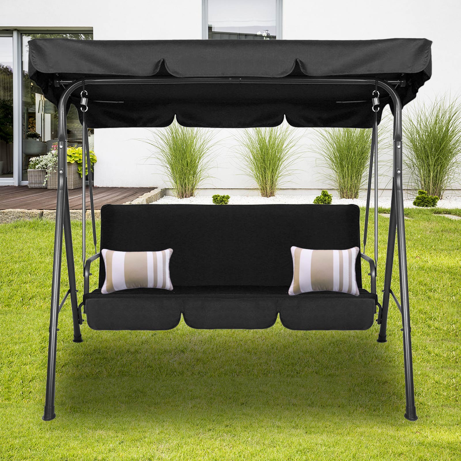 Milano Outdoor Swing Bench Seat Chair Canopy Furniture 3 Seater Garden Hammock - Black - image2