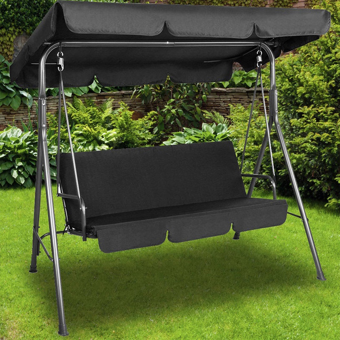 Milano Outdoor Swing Bench Seat Chair Canopy Furniture 3 Seater Garden Hammock - Black - image3